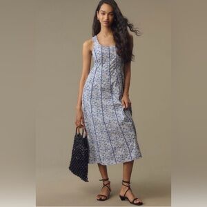 NWT ATSU White and Blue Floral Midi Scoopneck Dress (100% Cotton)